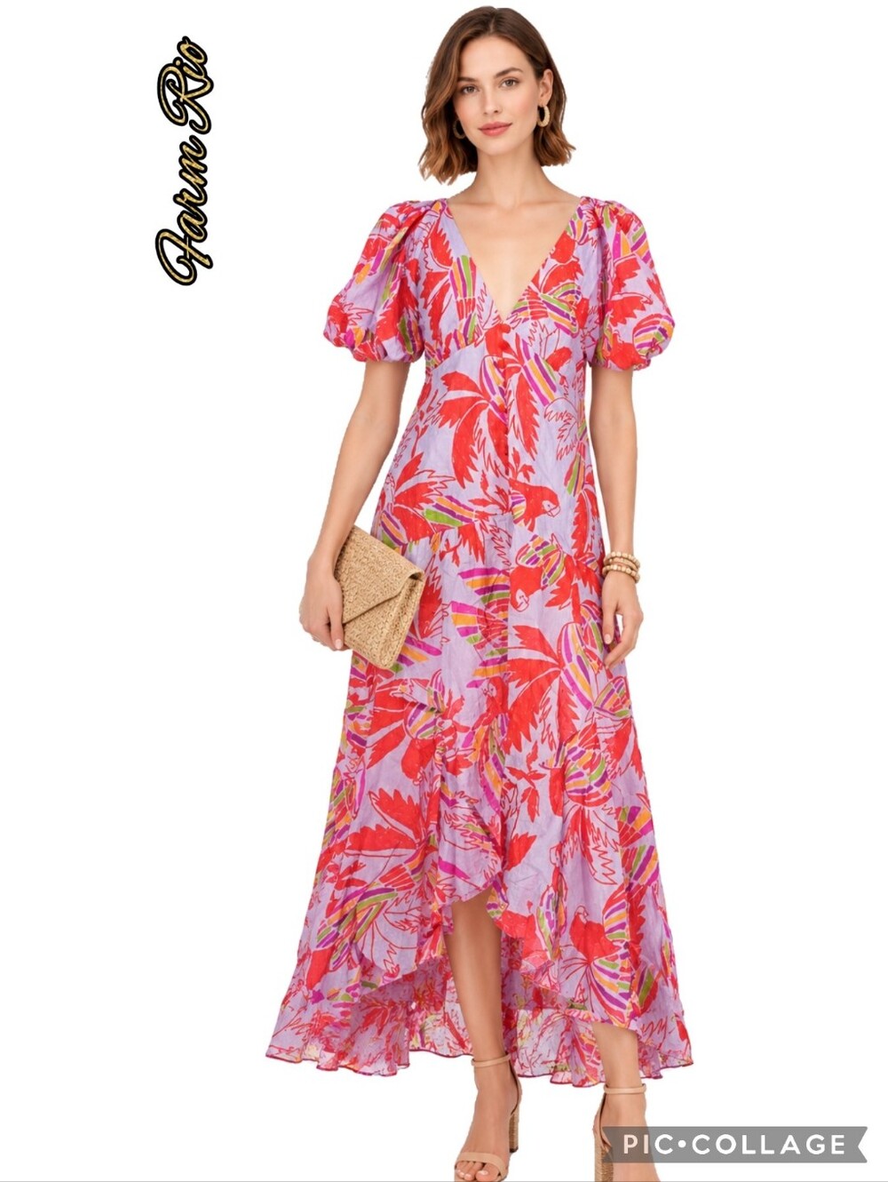 Farm Rio floral red  & white button front high-low midi dress with puff sleeves.